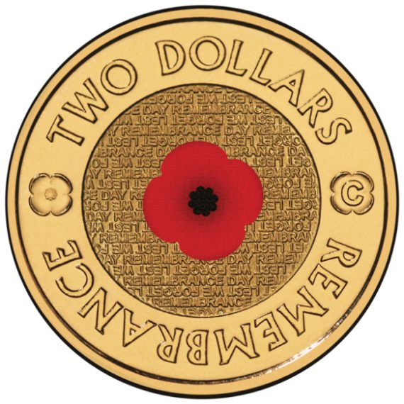 Remembrance Day $2 Commemorative Coin with Colour Poppy Imprint