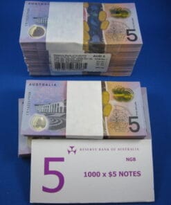 A full bundle of 100 $5 notes from RBA