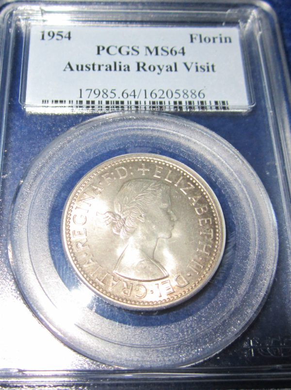 1954 Royal Visit Florin. Scarce in MS64